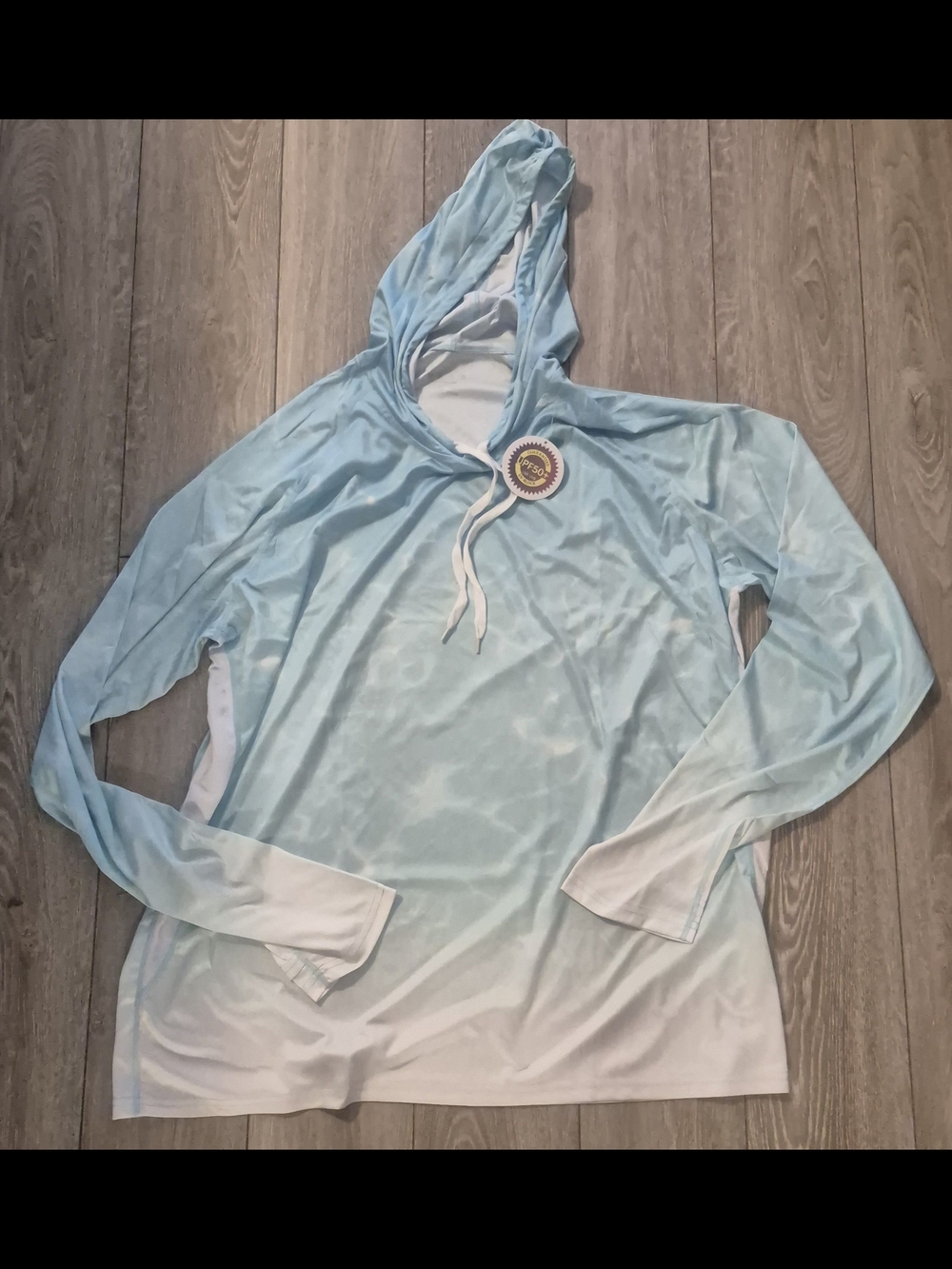 Light Blue to White Ombre Hooded Long-Sleeve Shirt